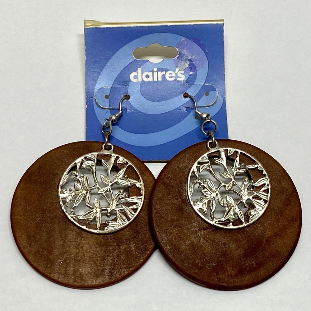 Claire's Wooden Earrings Silvertone Dangle Fashion New
